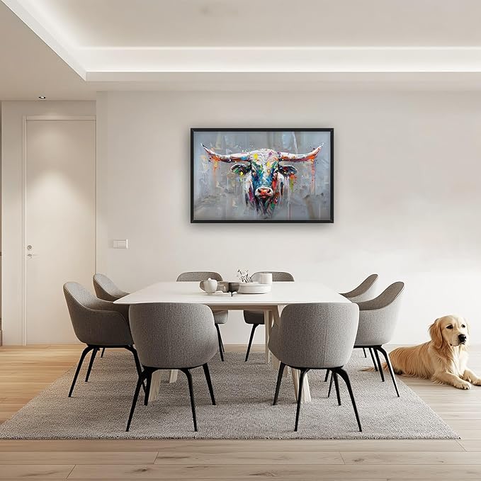 Cow Large Framed Wall Art Abstract Colorful Cow Pictures Oversized Graffiti Wall Decor Canvas Print Painting Aesthetic Modern Artwork for Living Room Bedroom Office Bathroom Home Decor 36L x24W