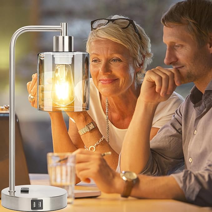 Industrial Touch Control Table Lamps Set of 2 - Brushed Nickel Nightstand Bedside Lamps with 2 USB Ports & AC Outlet, 3-Way Dimmable Desk Lamp for Bedroom Living Room, Glass Shade & LED Bulbs Included