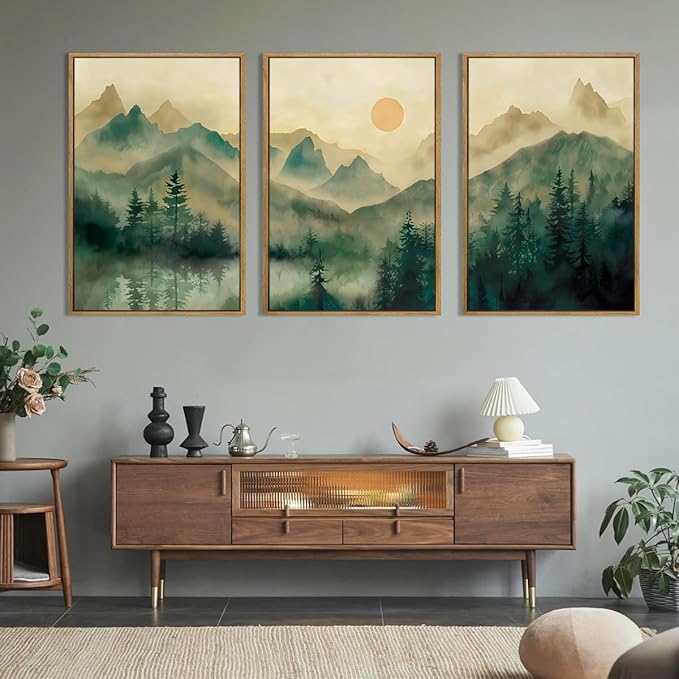 IARTTOP Large Mountain Canvas Wall Art Framed 24x36 Inch Foggy Forest Green Landscape Art Prints Nature Landscape Wall Decor for Living Room Bedroom Office Set of 3