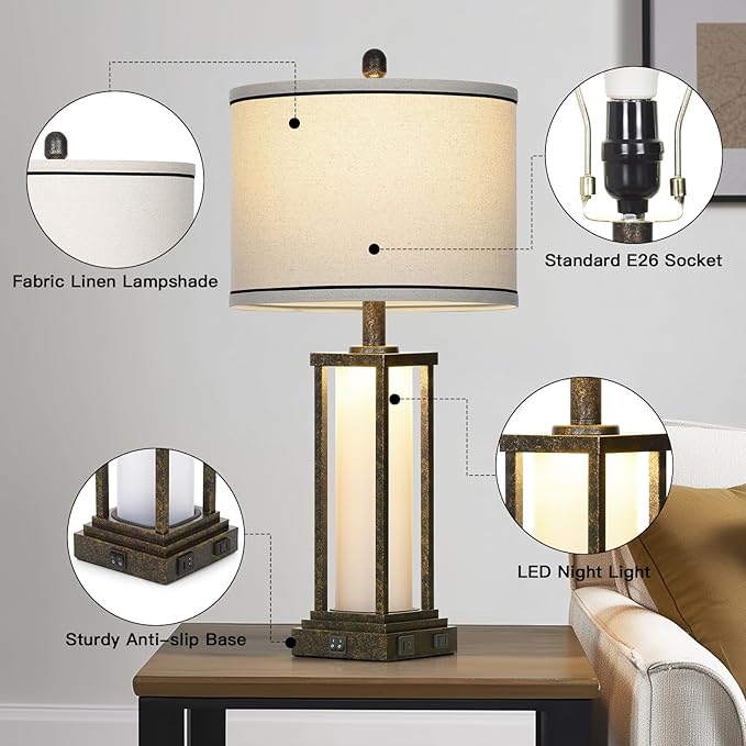27in Tall Farmhouse Table Lamp with USB C+A & Outlet,Bronze Industrial End Table Lamp for Living Room,Vintage Rustic Bedside Lamp with Night Light for Bedroom Nightstand,Single Bronze