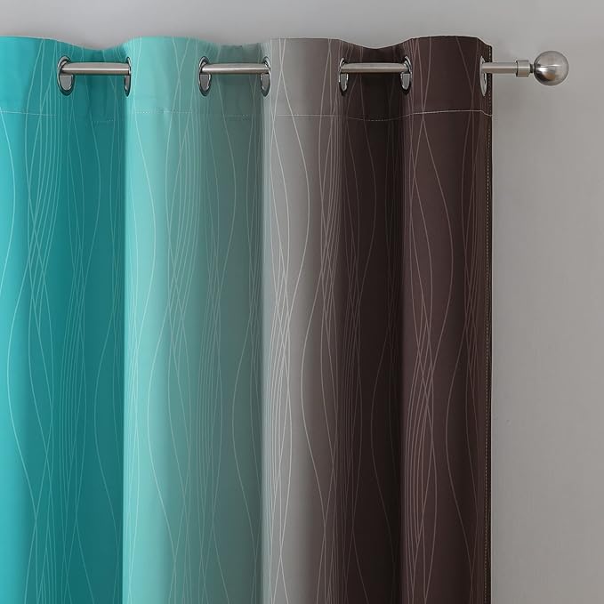 Estelar Textiler Brown and Teal Ombre Blackout Curtains 63 Inches Long for Kids Room, Thermal Insulated Gradient Full Light Blocking Grommet Blackout Drapes for Bedroom, 52Wx63L, 2 Panels