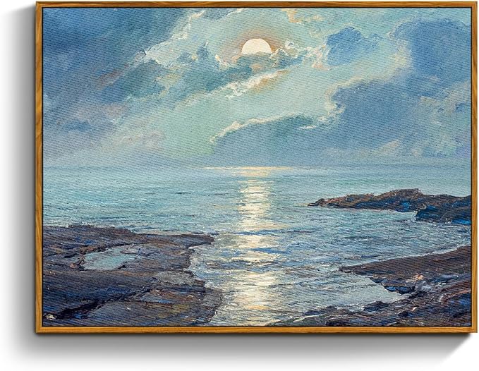 crmotu Landscape Framed Wall Art, Coastal Scenery Vintage Canvas Prints, Moonlit Night Aesthetic Decor Pictures, Blue Ocean French Country Wall Paintings for Living Room Bedroom Bathroom 12x16in