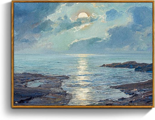crmotu Landscape Framed Wall Art, Coastal Scenery Vintage Canvas Prints, Moonlit Night Aesthetic Decor Pictures, Blue Ocean French Country Wall Paintings for Living Room Bedroom Bathroom 12x16in
