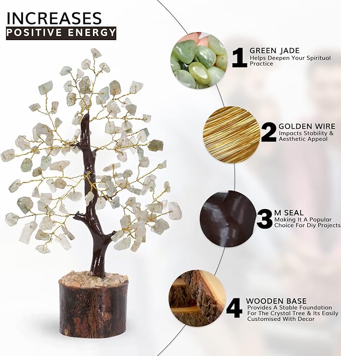 NARIBABU Green Jade Crystal Tree (7–8 Inch, 100 Chips) – Handmade Gemstone Tree with Raw Stones & Golden Wire – Gift for Her, Birthday Gifts for Women, Spiritual Decor, Office Desk Gift