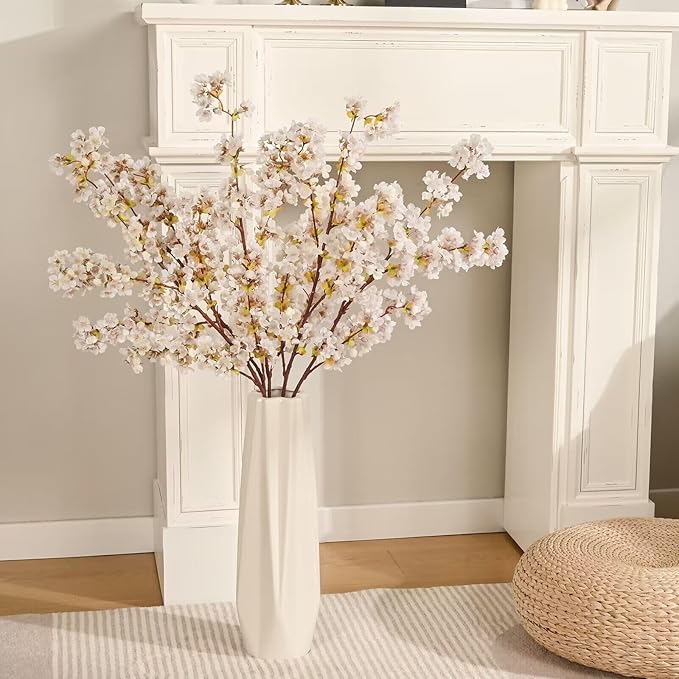 Sunm Boutique Silk Cherry Blossom Branches, Artificial Cherry Blossom Tree Stems Faux Cherry Flowers Vase Arrangements for Wedding Home Decor, Set of 3