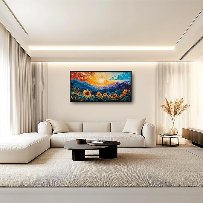 Starry Night Sunflowers Framed Wall Art for Living Room, Large Flowers Canvas Wall Decor, Vintage Florals Pictures Painting, Modern Artwork for Bathroom Bedroom 60L'' × 30W''