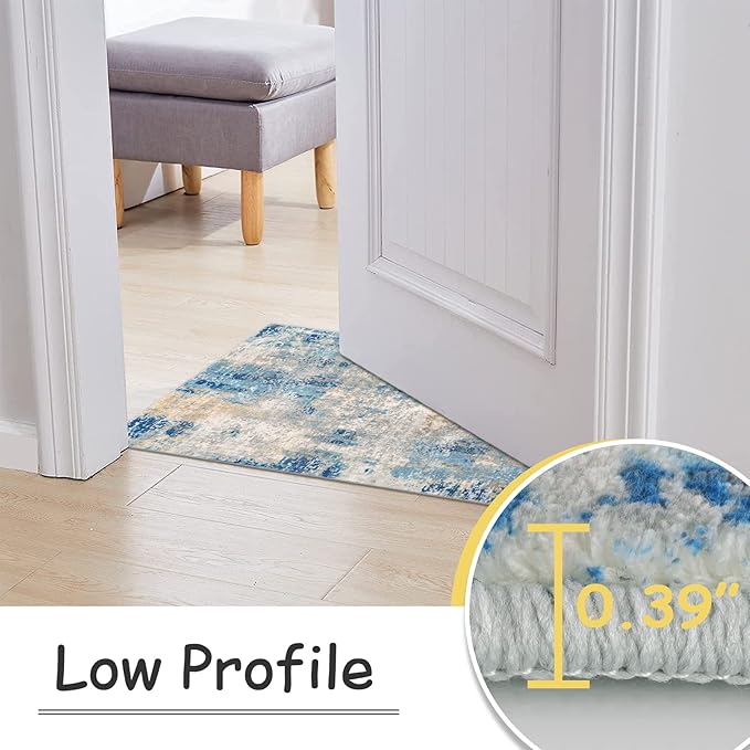 Lahome Modern Abstract Kitchen Rug - 2x3 Washable Small Front Doormat Soft Throw Rugs for Entryway Non-Slip, Contemporary Faux Wool Floor Indoor Carpet for Bathroom, Blue/Yellow/Ivory