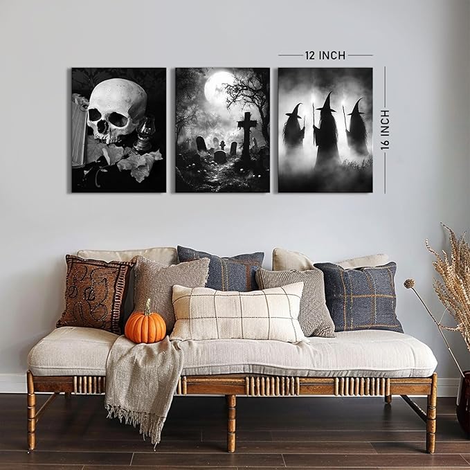 Halloween Wall Art Skull Wall Decor Creepy Witches Tomb Pictures Canvas Prints for Bedroom Living Room Decorations Vintage Gothic Wall Decor Dark Academia Paintings Spooky Posters Artwork 12x16” 3Pcs