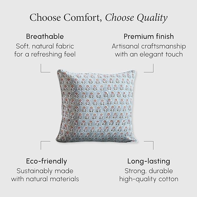 CPC 100% Cotton Throw Pillow Covers 18x18 Inch, Set of 2 Gray Block Print Pattern Couch Pillow, Cute Boho Decorative Pillows for Living Room, Bedroom with Hidden Zipper- Labra Gray