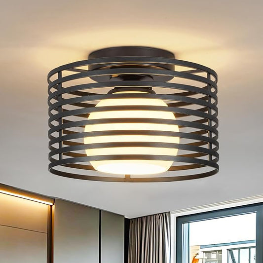 Modern Industrial Matte Black Small Semi Flush Mount Ceiling Light Fixture,Close to Ceiling Lamp Lighting Fixtures With Milk Glass Cover,for Closet Hallway Bathroom Foyer Entryway Pantry Laundry room