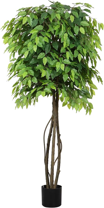 Faux Ficus Tree 5ft(60in) Artificial Floor Plant for Indoor Decor Realistic Potted Tree with Texture Silk Leaves and Natural Wood Trunk for Home Living Room,Office Perfect Housewarming Gift