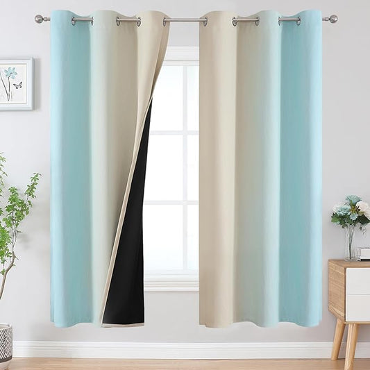 Estelar Textiler Aqua and Beige Ombre Blackout Curtains 72 Inches Length for Bedroom, Thermal Insulated Light Blocking Grommet Gradient Blackout Drapes for Living Room, 42Wx72L, 2 Panels