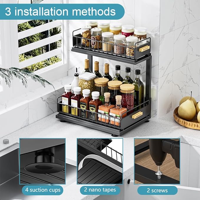 Under Sink Organizer Kitchen, 2 Tier Under Sink Organizers and Storage, Pull out Cabinet Organizer Shelf, Metal Drawer for Kitchen Bathroom Pantry Cabinet Closet Organization Rack, Black, 1 Pack