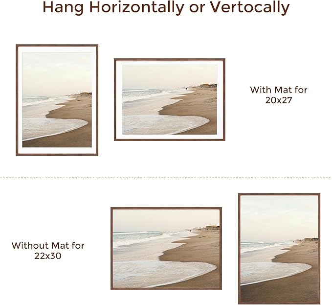 22x30 Oak Wood Picture Frame, 22"x30" Poster Frame for Wall, 22x30 Picture Frame with Mat for 20x27, Solid Oak Wood Photo Frame 22 x 30 with Tempered Real Glass (Walnut Color, 1 Pack)