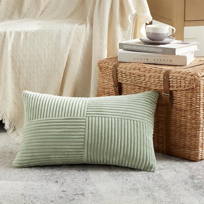 Fancy Homi 4 Packs Sage Green Lumbar Decorative Throw Pillow Covers 12x20 Inch for Living Room Couch Bed, Rustic Farmhouse Boho Home Decor, Soft Striped Corduroy Rectangle Accent Cushion Case 30x50 cm