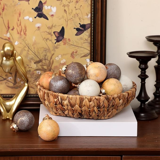 12 Pcs Neutral Textured Christmas Ball Ornaments 2.36'' Vintage Christmas Tree Decor Modern Rustic Brown Ornaments with Loop Shatterproof Hanging Ball for Xmas Farmhouse Decor (Light Brown)