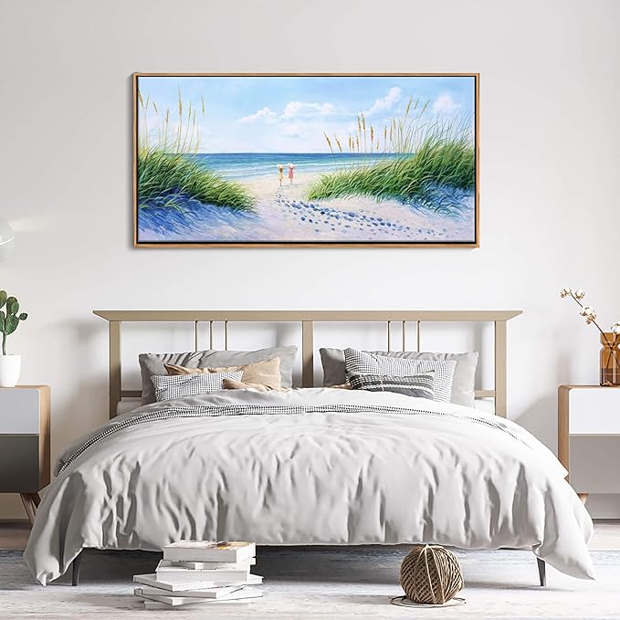 Coastal Wall Art - Large Landscape Wall Art for Living Room, Bedroom Pictures, Ocean Beach Artwork, Blue painting, Above Bed Decor, Coastal Landscape Wall Decor,Framed Beach Pinting 24×48IN