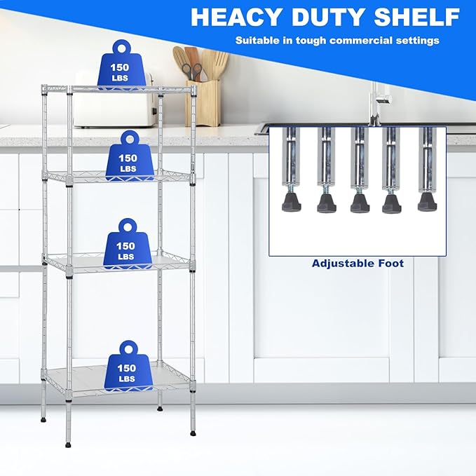 PayLessHere | 4-Tier Wire Shelf | 18"x12"x44" | Chrome | Adjustable Racks | Heavy-Duty Storage Shelves, Holds Upto 600 lbs | Rust-Resistant, No-Tool Assembly | for Home, Garage Shelving