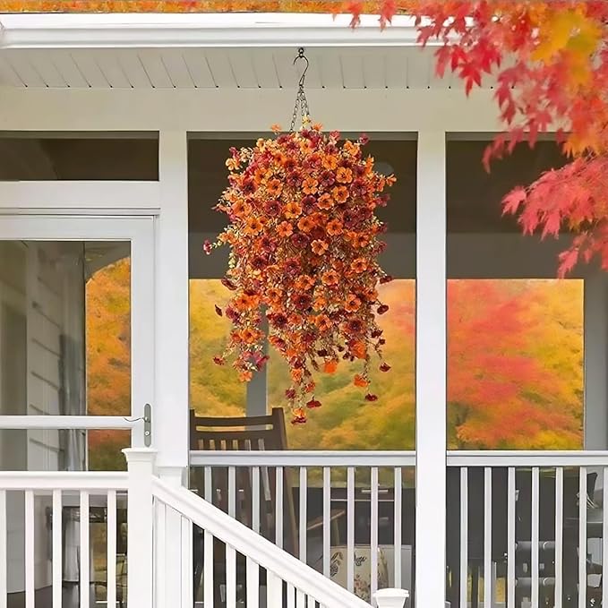 Fall Artificial Hanging Flowers for Outdoor 2 Pcs Fake Hanging Plants Autumn Decor -UV Resistant Artifical Faux Flower Silk Flowers for Indoor Planter Porch Balcony Yard Decor (Orange+Dark Red)
