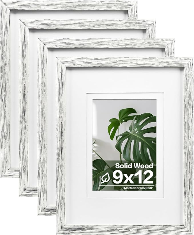 Egofine 9x12 Picture Frames Set of 4, Made of Solid Wood Covered by Plexiglass 5x7 and 6x8 with Mat or 9x12 without Mat, for Table Top Display and Wall Mounting Photo Frame Driftwood White