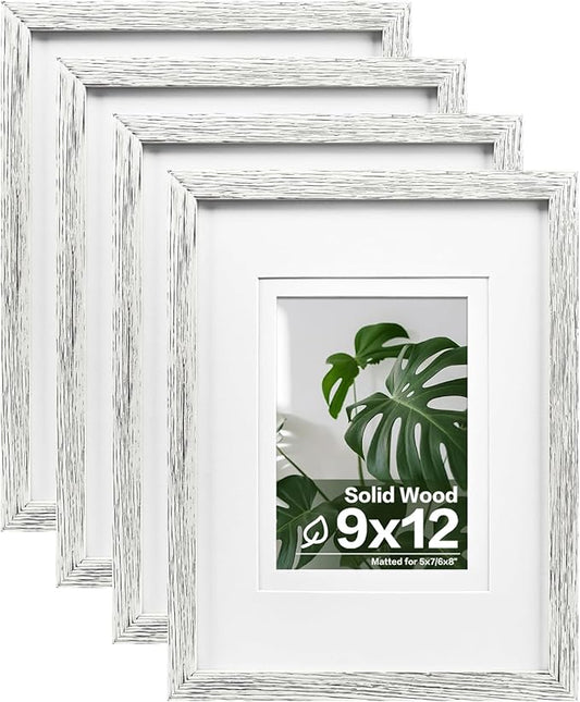 Egofine 9x12 Picture Frames Set of 4, Made of Solid Wood Covered by Plexiglass 5x7 and 6x8 with Mat or 9x12 without Mat, for Table Top Display and Wall Mounting Photo Frame Driftwood White