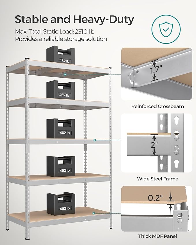 SONGMICS 5-Tier Storage Shelves, Load 2310 lb, Garage Storage, Boltless Assembly, Adjustable Shelving Unit, 23.6 x 47.2 x 70.9 Inches, for Study Shed Basement, Silver and Natural Beige UGLR600E01