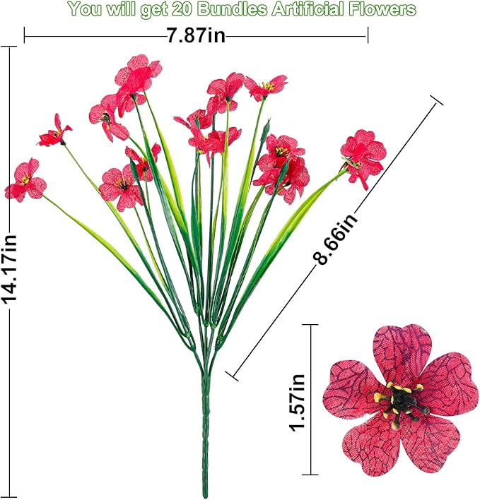 20 Bundles Artificial Flowers for Outdoors or Indoor Garden Home Decoration,No Fade Fake Flowers Faux Plants for Decoration Hanging Planters,Porch Window Box Garden Wedding Farmhouse Fake Plants