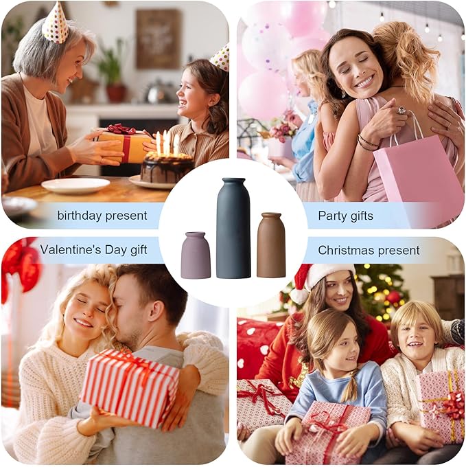 Ceramic Vase Set of 3, Farmhouse Rustic Decorative Vase for Home Decor, Modern Glazed Vase, Table Centerpiece for Living Room, Shelf, Bedroom, Kitchen (Black Purple)