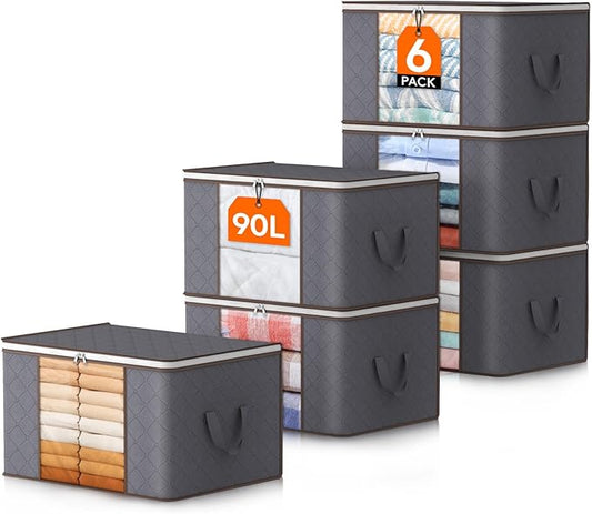 Lifewit 90L Large Storage Bags, 6 Pack Closet Organizers and Storage, Clothes Storage Bins with Lids, Foldable Storage Containers with Reinforced Handles for Clothing, Blanket, Bedding, Comforter Gray