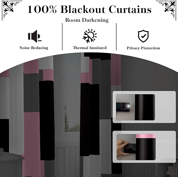 Pink 100% Blackout Curtains for Bedroom 84 inch Length 2 Panels Set White Grey Modern Abstract Geometric Black Out Curtains Insulated Room Darkening Window Drapes for Girls Living Room, 52Wx84L
