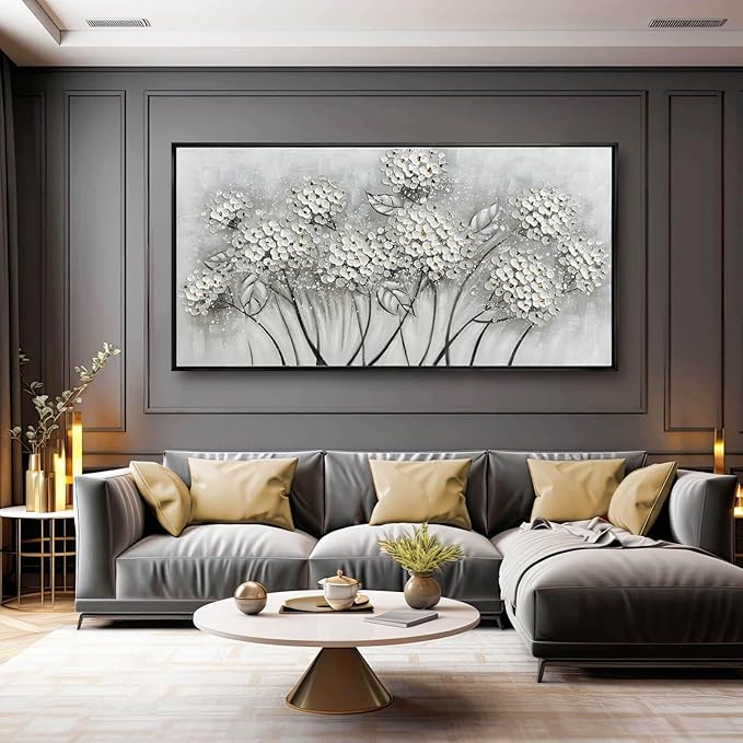 Kureful Large Artwork Flowers Oil Painting Modern Home Decorations Floral Canvas Pictures for Living Room Bedroom Kitchen Office 29" x 58" (White)