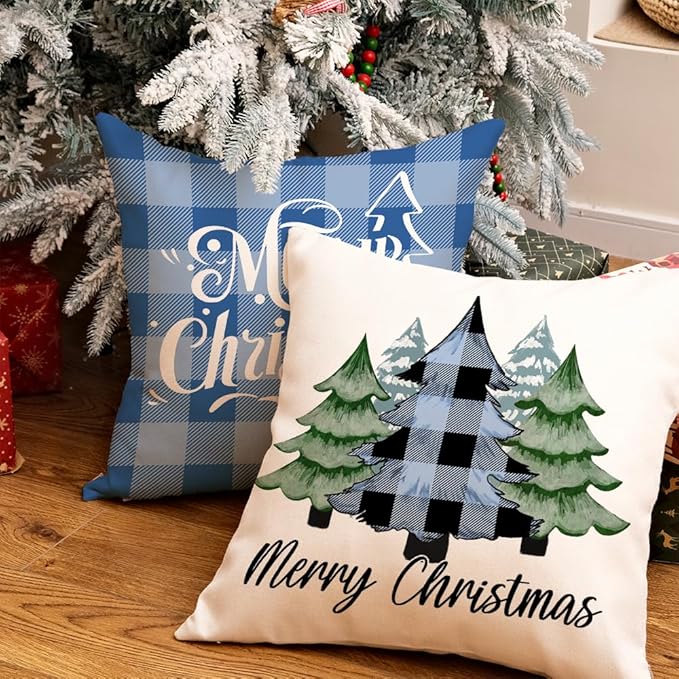 GEEORY Merry Christmas Throw Pillow Covers 16x16 Inch Set of 4, Xmas Trees Truck Blue Buffalo Plaid Believe Farmhouse Decorative Cushion Cases for Home Decoration G594-16