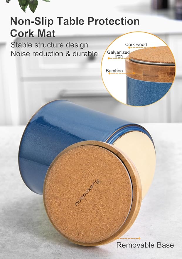 Nucookery 360°Rotating Utensil Holder, 7.2" Kitchen Utensil Crock, Ceramic Cooking Utensil Organizer with Countertop-Protection Cork Bottom for Farmhouse Kitchen Decor Christmas (Royal blue)