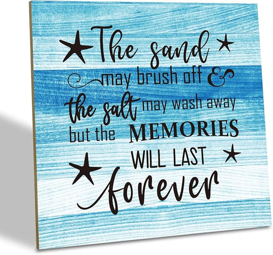 Beach Wood Sign, “The Sand May Brush Off the Salt May Wash Away but the Memories Will Last Forever”, Wooden Plaque Table Art Sign, Ocean Theme Home Decorations, Coastal House Decor, Family Sign B