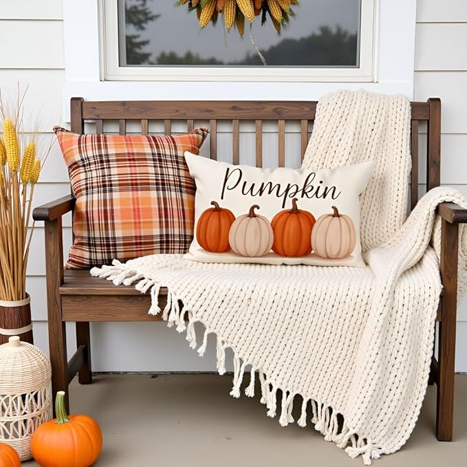 PANDICORN Fall Pillow Covers 12x20, Harvest Orange Pumpkin Lumbar Decorative Cushion Case, Fall Decorations for Home Decor Outdoor Farmhouse Thanksgiving Autumn Pillowcase for Living Room Sofa Couch