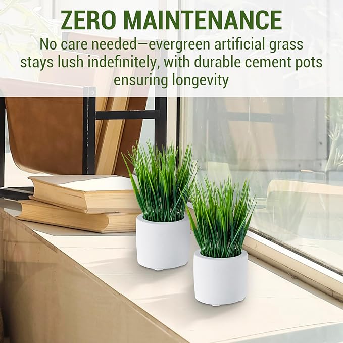 MyGift Artificial Grass Plants in Modern Cylindrical White Cement Pots, Decorative Faux Greenery Plant in Tabletop Planter, Set of 2
