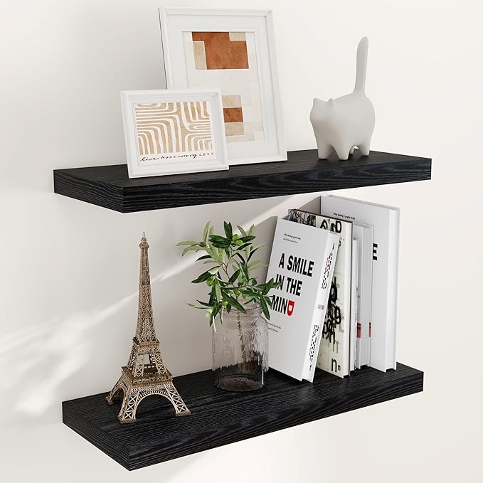 Fun Memories Black Floating Shelves for Wall, 24 x 9.3 x 1.5 Large Floating Shelf Set of 2, 9.3 Deep Wall Shelf for Kitchen, Living Room, Rustic Black Shelves for Home Decor & Storage