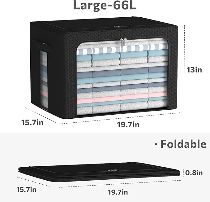 3Pack Foldable Storage Bins - Frame Storage Box Linen Fabric Stackable Clothes Container Organizer with Clear Window & Carry Handles Large Capacity (Large-66L, Black)