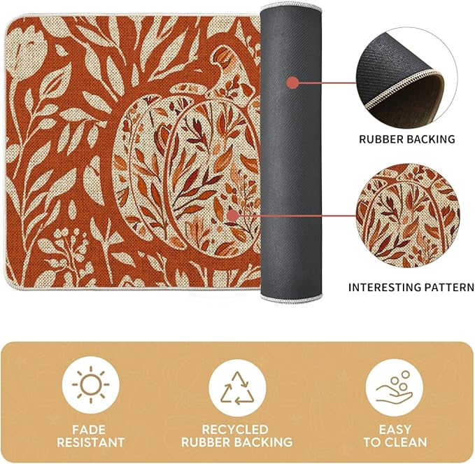 Artoid Mode Orange Flower Pumpkin Fall Kitchen Mats Set of 2, Autumn Home Decor Low-Profile Kitchen Rugs for Floor - 17x29 and 17x47 Inch
