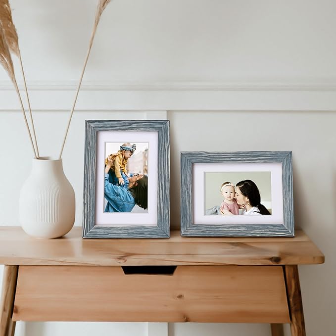 Egofine 4x6 Picture Frames Set of 4, Made of Solid Wood Covered by Plexiglass 3.5x5 with Mat or 4x6 without Mat, for Table Top Display and Wall Mounting Photo Frame Rustic Blue