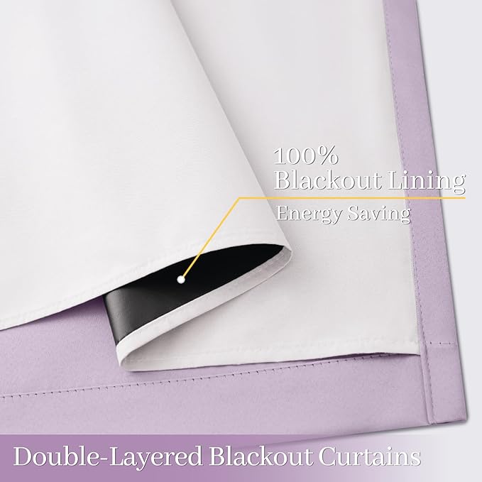 Yakamok 100% Blackout Curtain Panels 72 inches Cold and Light Blocking Drapes for Nursery, 2 Thick Layers Thermal Insulated Draperies (2 Pieces, 50 Wide Each Panel, Lilac Front with White Backing)