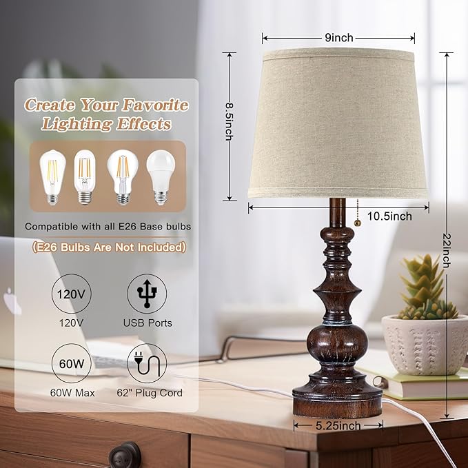 Vintage Bedside Table Lamps Set of 2 for Bedroom Nightstand Lamps with USB Charging Ports Rustic Farmhouse Small Table Lamp for Living Room End Tables Brown Wooden Finish, Pull Chain