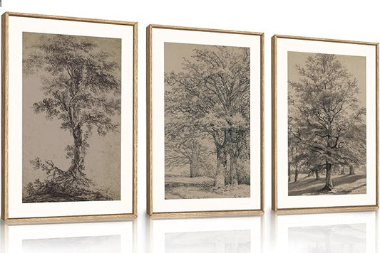 KAIRNE Vintage Tree Sketch Wall Art Set, Antique Tree Drawings Wall Decor, Nature Sketch Wall Painting, Framed Botanical Canvas Art Prints for Living Room, Bedroom, Dinning Room, Farmhouse - 24"x36"x3