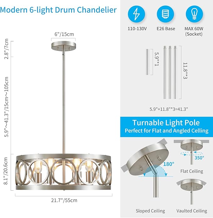 XINGQI 6-Light Modern Chandelier Brushed Nickel Farmhouse Dining Room Chandeliers, 21.7'' Drum Pendant Light Fixture Height Adjustable for Living Room Home Office