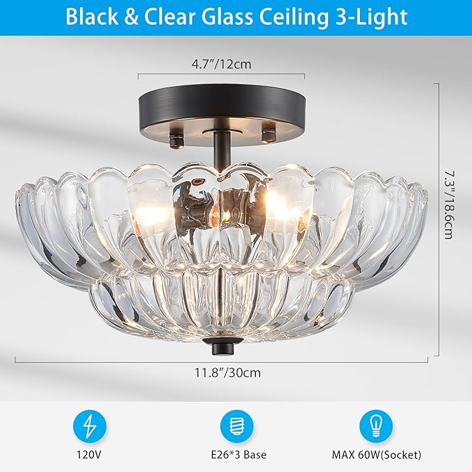 XINGQI Modern Chandelier Vintage Semi Flush Mount Ceiling Light Fixture Small Black 3-Light Close to Ceiling Scalloped with Clear Glass Shade for Living Room Entryway Bedroom Closet