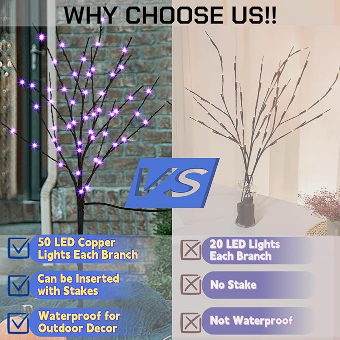 Lighted Halloween Tree Branches, 30IN 100LED Artificial Black Twig Branch with Purple Fairy Lights, Built-in Timer & Battery Operated, Waterproof for Indoor Outdoor Office Bedroom Party Decorations