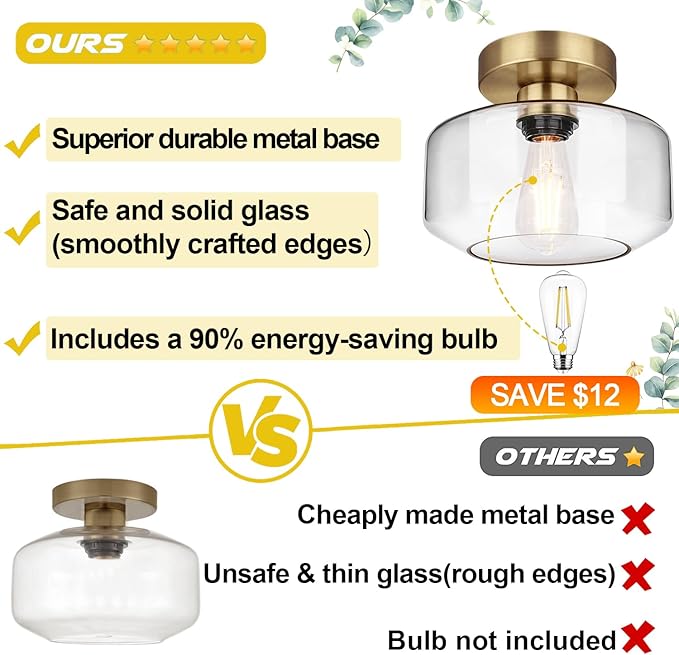 Industrial Semi Flush Mount Ceiling Light Brass, 800 Lumen LED Bulb Included, Clear Glass Shade Ceiling Light Fixture, Light Fixture for Hallway Bathroom Bedroom, Vintage Hanging Lighting