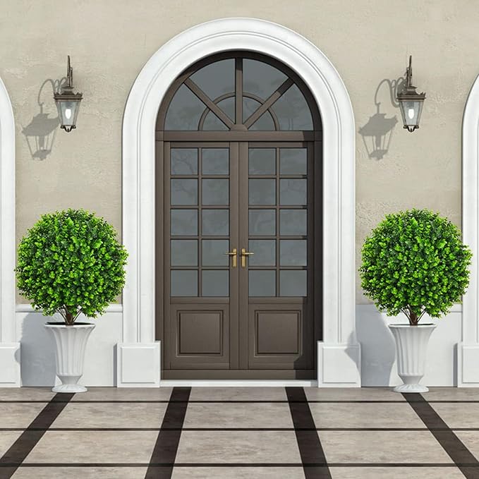 22" Artificial Green Eucalyptus Topiary Ball Trees with Ground Spike Set of 2 - UV Resistant Faux Evergreen Shrubs & Bushes Plants for Outdoor Indoor Front Porch Garden