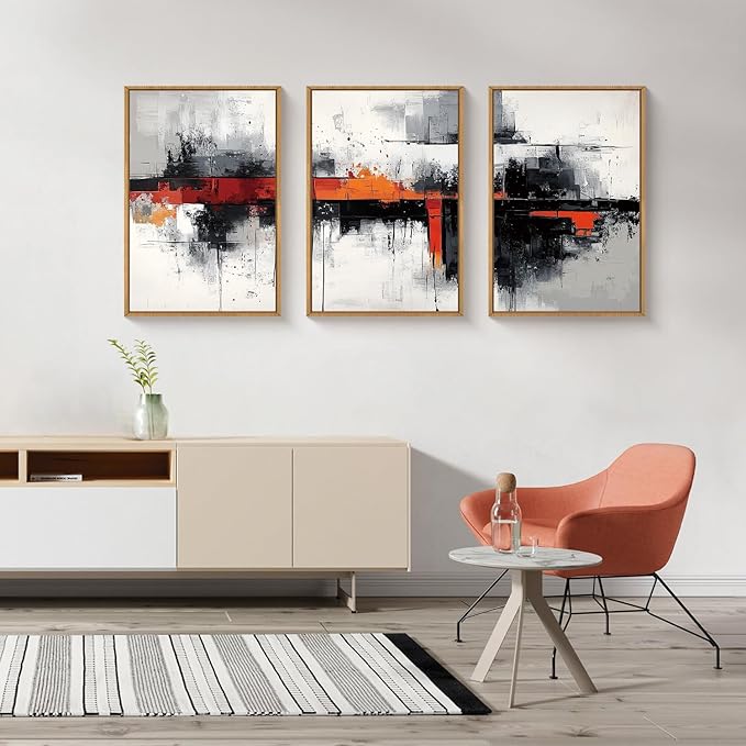 HOURIA Modern Abstract Framed Canvas Wall Art Set,Neutral Black and Orange Wall Decor,Textured Gray White Wall Painting,Pastel Strokes Art Prints for Living Room, Bedroom, Farmhouse-16 x24 x3