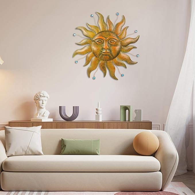 Sun Metal Wall Art, 3D Sun Face Large Wall Art for Living Room, Retro Gold Wall Hanging Decor, Brass Wall Sculptures with Blue Bead, 27 Inches Wall Decor for Garden Yard Patio Home